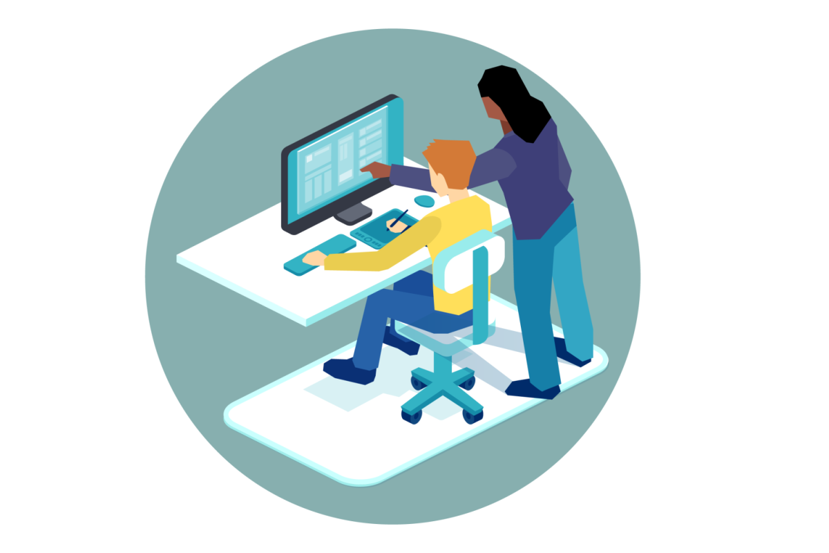 A person teaching another how to use a computer