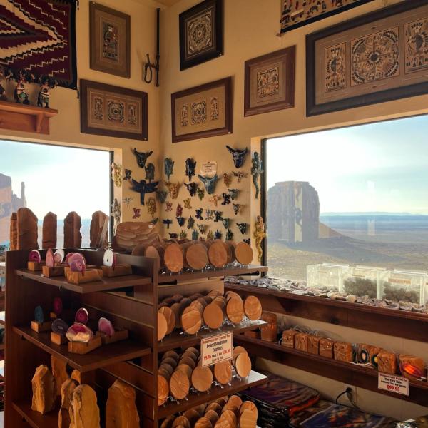 View of West Mitten and Merrick Buttes from gift shop at Monument Valley Navajo Tribal Park.