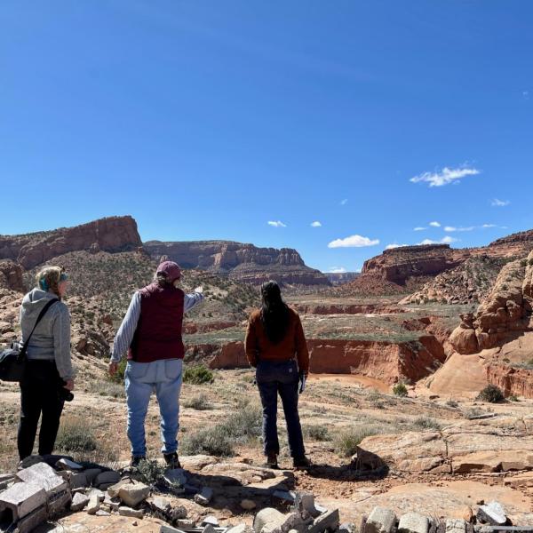 Martha Austin, Chairperson for School of Dine Studies and Education, pointing out the location where RIDERS OF THE PURPLE SAGE took place and how it overlaps with her family’s historic sheep camp in Tsegi Canyon.