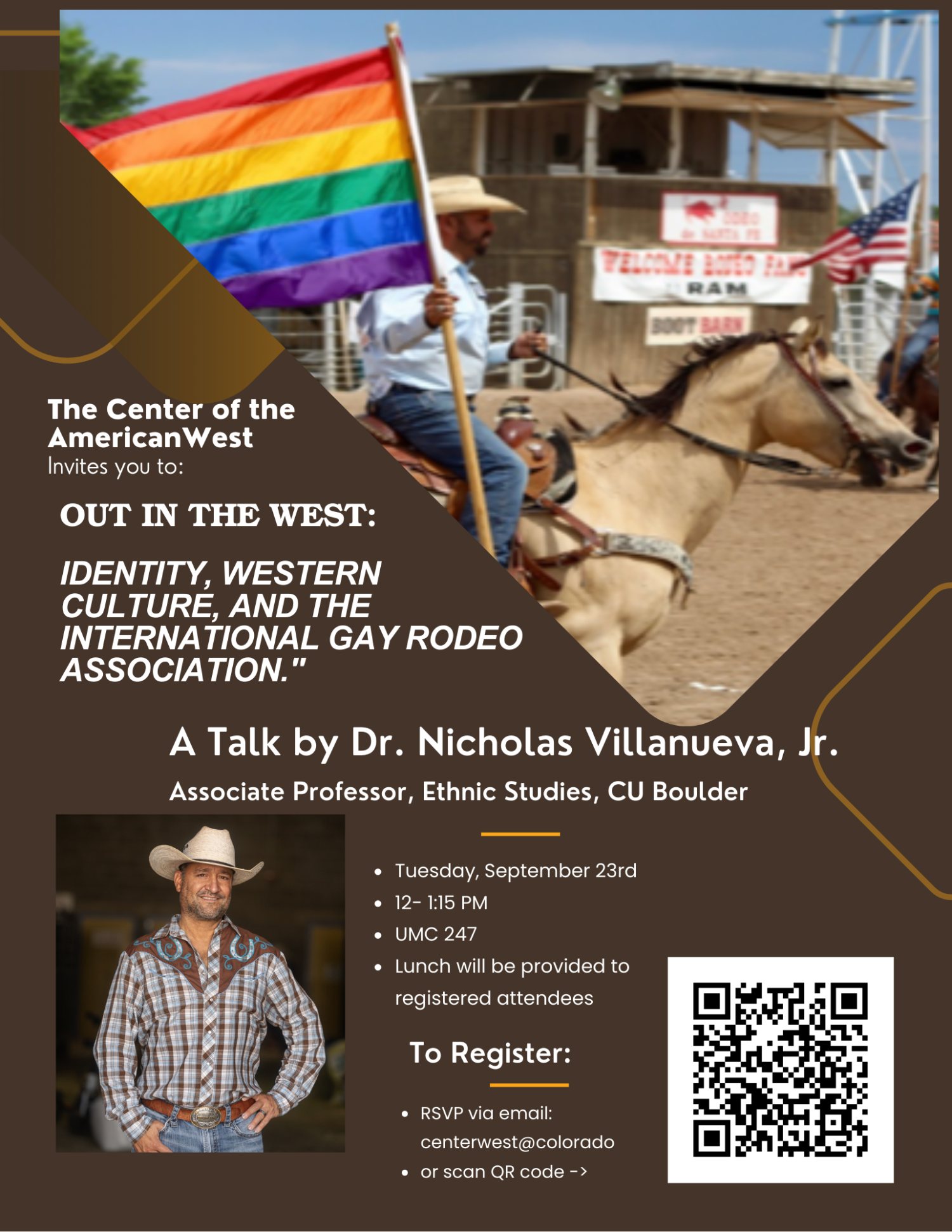 Flier depicting cowboy riding a horse with a rainbow flag and author headshot
