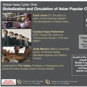 Global Asias Cyber Chat: Globalization and Circulation of Asian Popular Culture. Event will be held on zoom on Tuesday, November 15, at 12pm Mountain Time. This is an image of the flyer, showcasing the fashion, music, and food commonly seen in Asian countries. Image includes a QR code to registration.