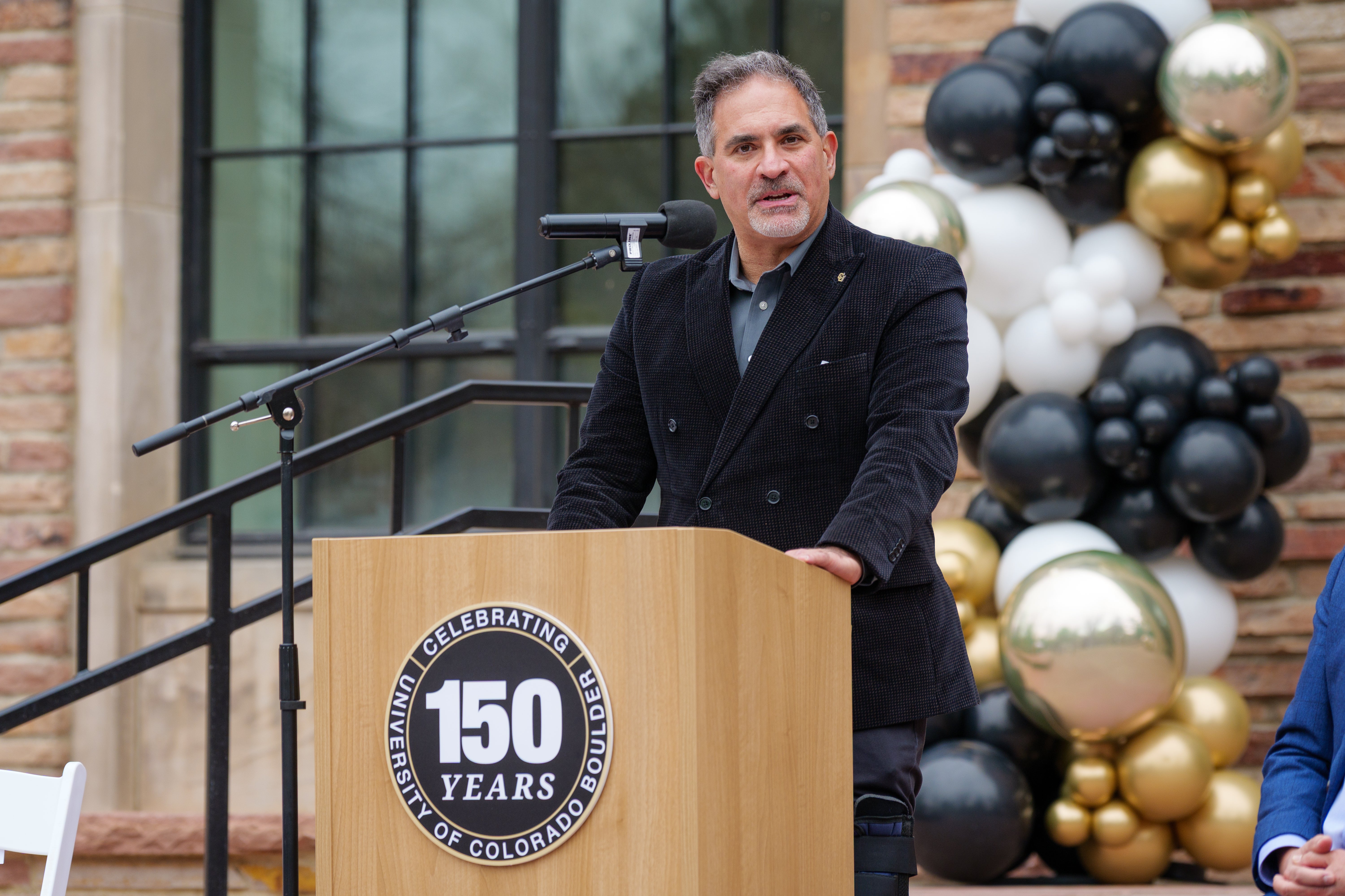 Chancellor Justin Schwartz gives a speech at the Hellems Building grand reopening
