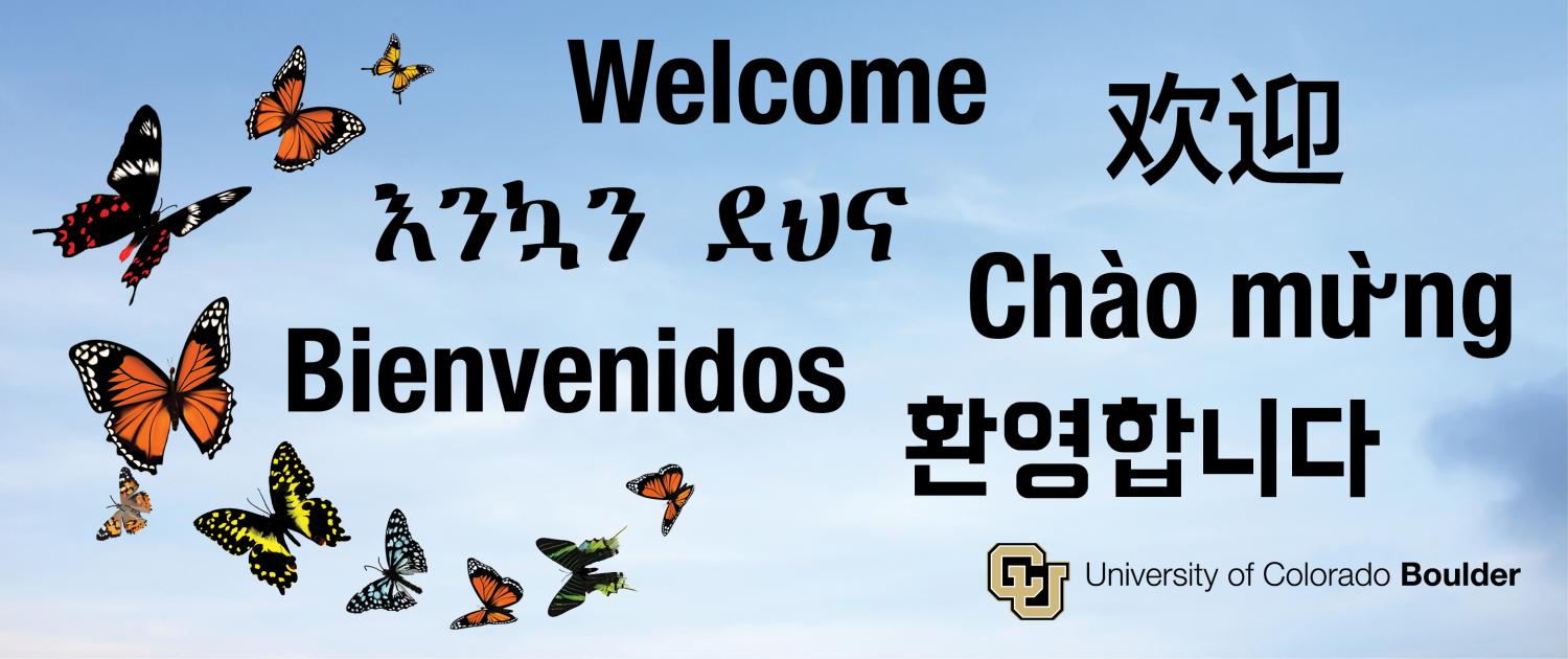 graphic illustrations of several different migratory butterflies along with the word welcome written in English, Spanish, Mandarin, Vietnamese, Amharic and Korean