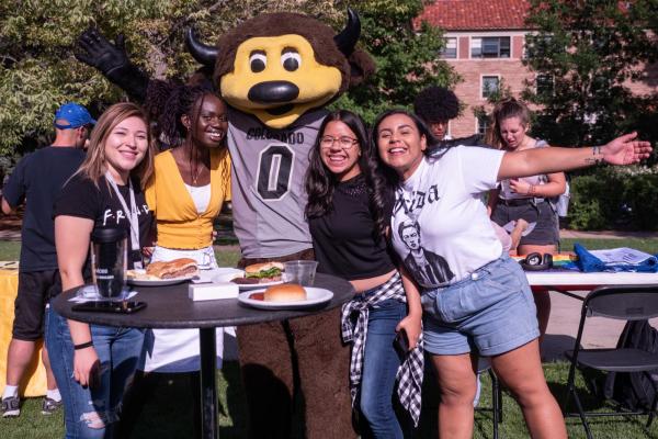 Students at CUnity Fest with Chip, CU Boulder's mascot