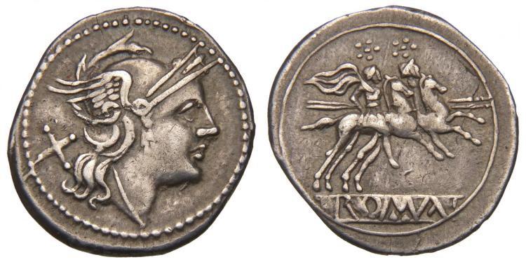 The head of Roma on the front and the two Dioscuri riding horses on the back. Münzkabinett, Staatliche Museen zu Berlin.