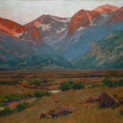 Charles Partridge Adams, American (1858 – 1942), Sunrise on the Mountains at the Head of Moraine Park, Near Estes Park, Colorado, c. 1920, oil paint on canvas, 48 x 68 ¼ x 3 inches framed. Gift of Philip, Albert, and Charles P. Adams Jr., sons of the late Charles Partridge Adams, CU Art Museum, University of Colorado Boulder, 86.1825. Photo: Jeff Wells, © CU Art Museum, University of Colorado Boulder