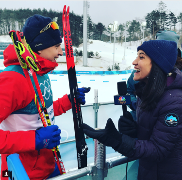 Abby interviews Olympic gold medalist Simen Kruger. Photo from her instagram.