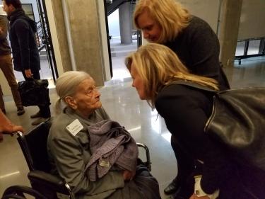 CMCI Dean Lori Bergen and Assistant Dean of Communications and Engagement Malinda Miller meet Virginia Patterson (Jour’46) who helped develop Pearl Street Mall as a co-owner of The Printed Page bookstore.