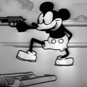 A.I.-generated image of Mickey Mouse toting a gun that came out of a violin case.