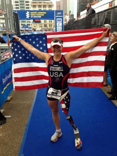 Paralympian, veteran and author Melissa Stockwell (Comm’02), is competing as a triathlete after two previous Games. 