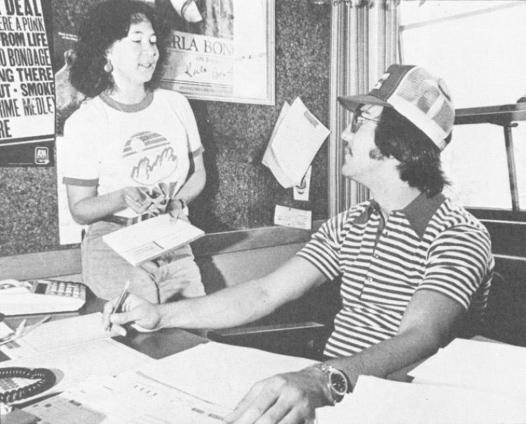 Wendy Kale talks with Nick Camillone in this photo from the University of Colorado 1979 yearbook. The pair worked together at the Program Council, a student-run organization that sponsored and promoted rock concerts and other events. Kale, who went on to become a longtime Colorado Daily music writer until her death in 2011, is being inducted Tuesday into the Colorado Music Hall of Fame.