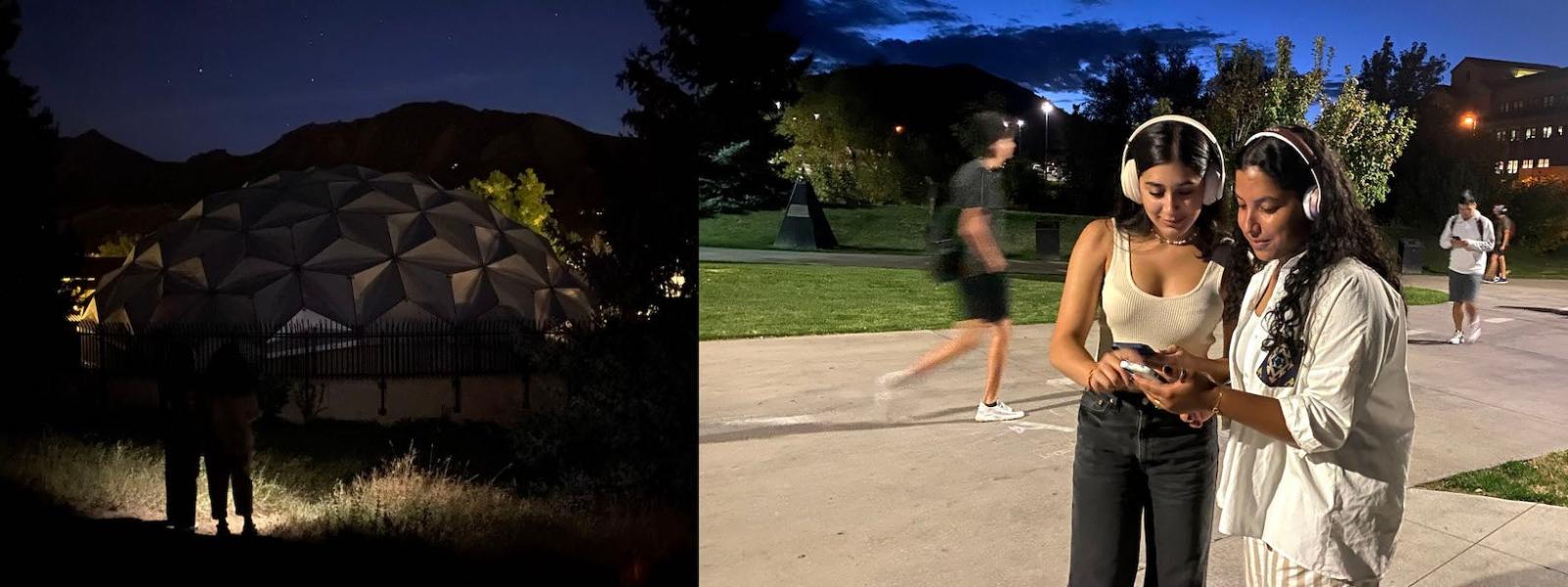 CU students exploring the Wanderers app—created by Roberto Azaretto, Jiffer Harriman and Teri Rueb—in front of Fiske Planetarium. Photo by Bentley Brown.