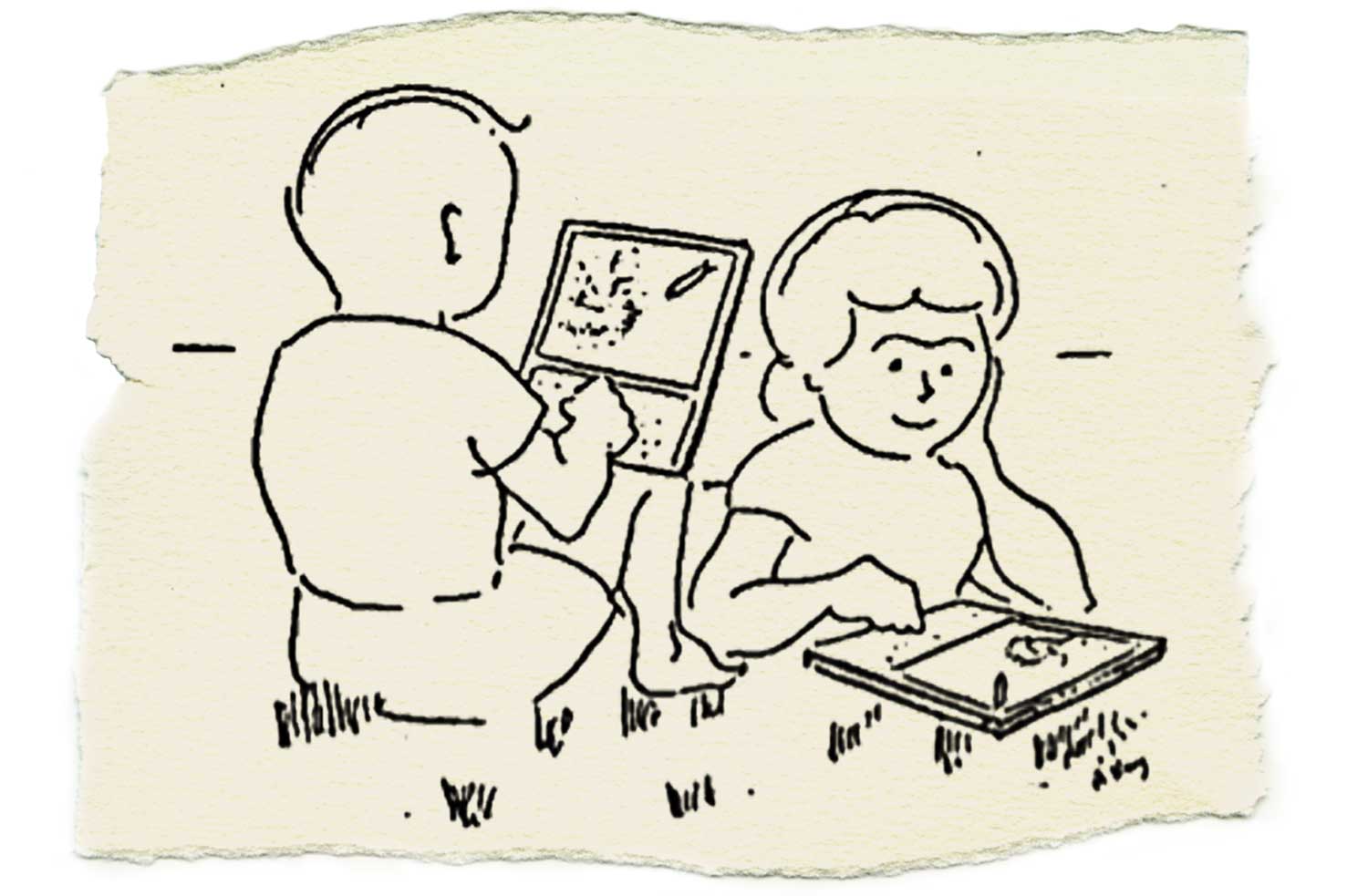 Cartoon of kids using Dynabooks