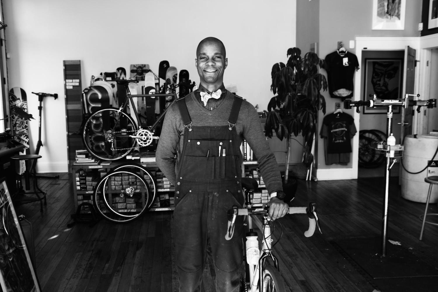 Gregory Crichlow in his bike shop called Chocolate Spokes