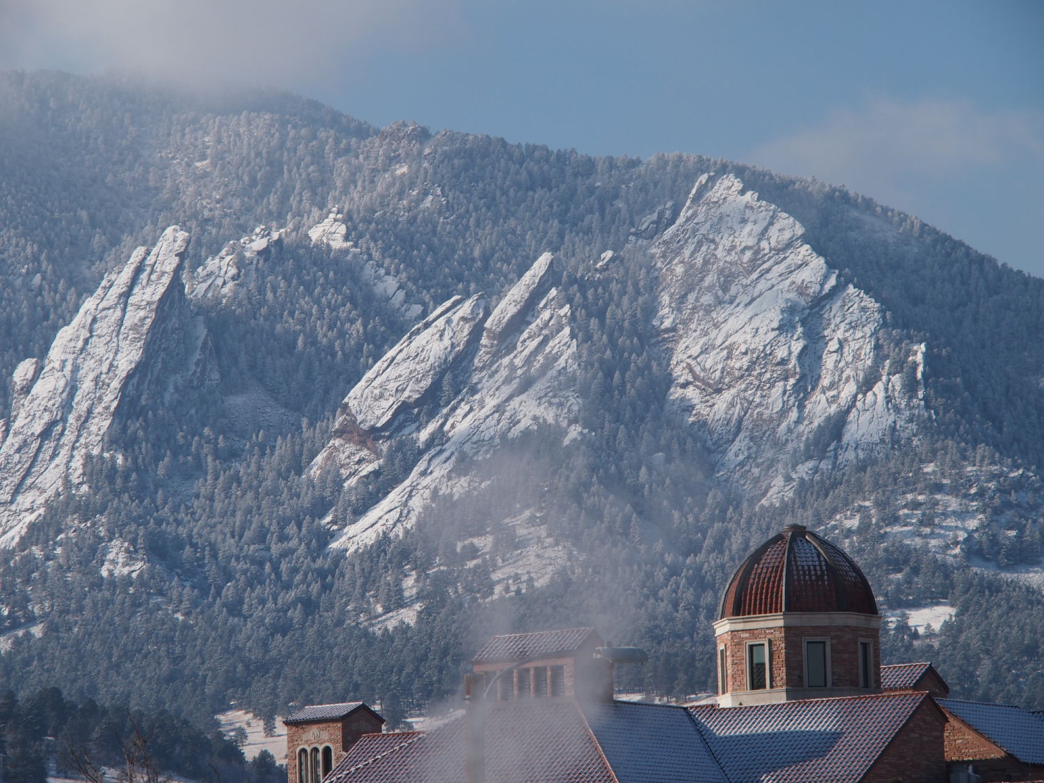 snowy mountain on CU Boulder campus