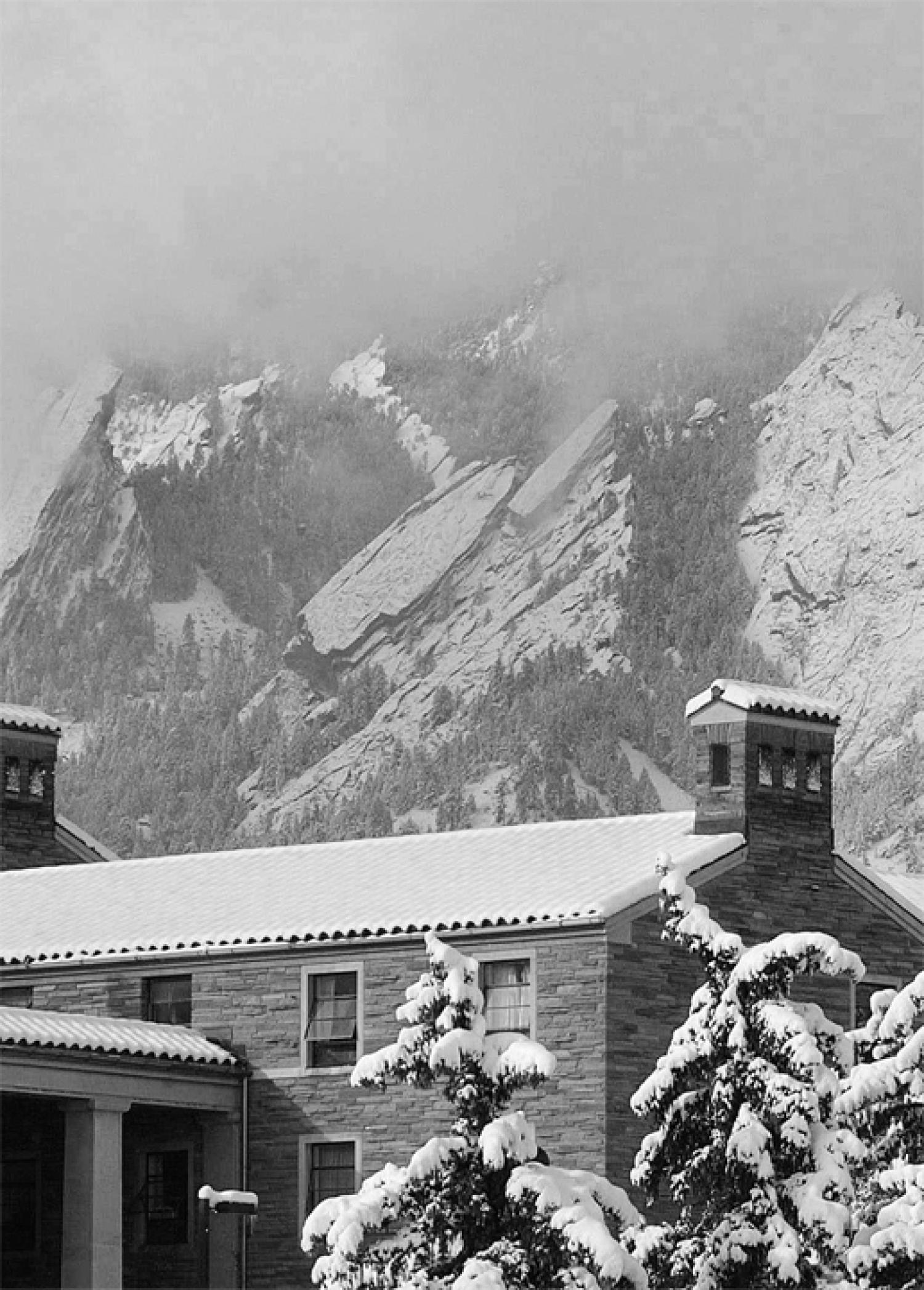 Cloudy black and white flatirons