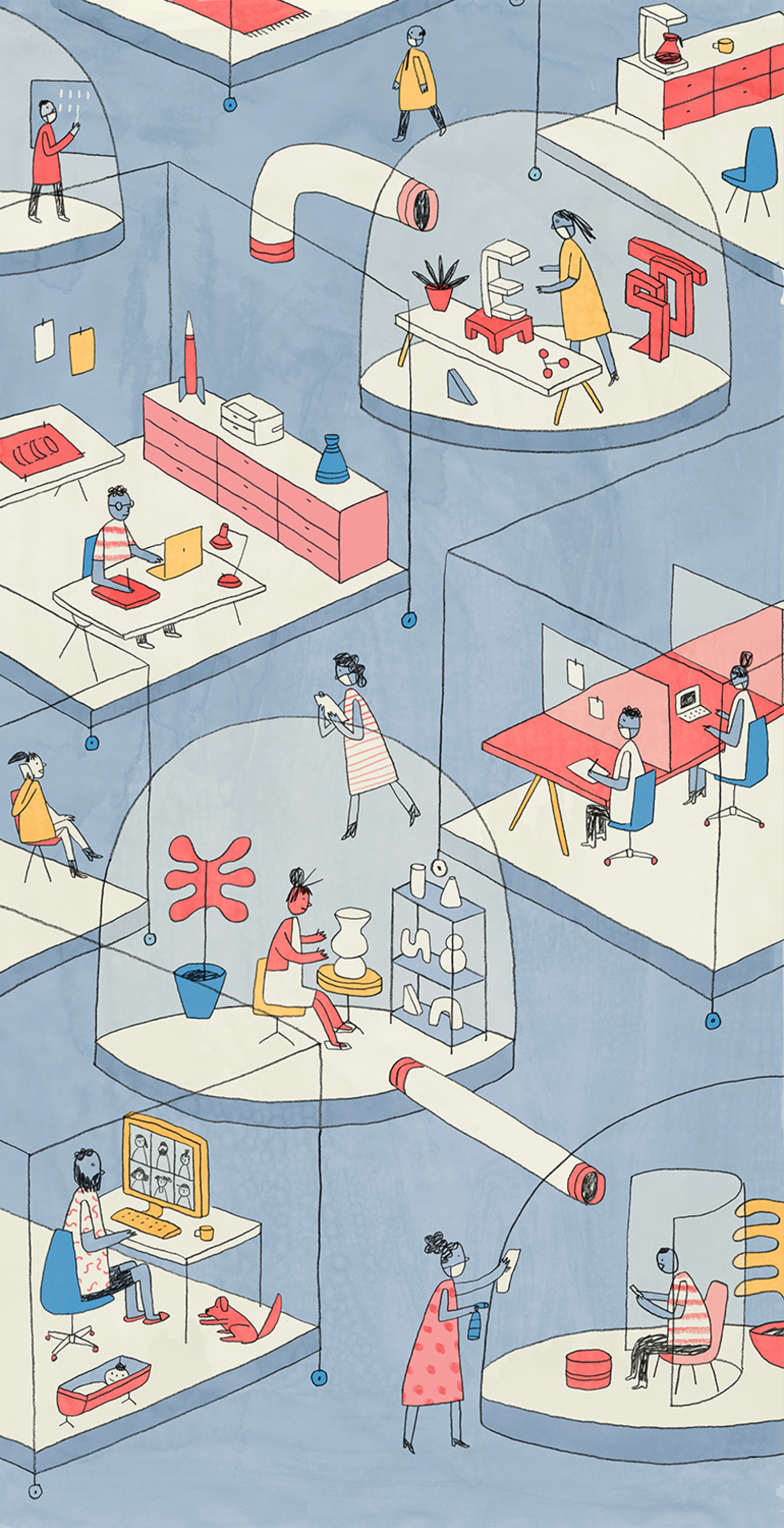 illustration showing employees working in bubbles connected by clear tubes