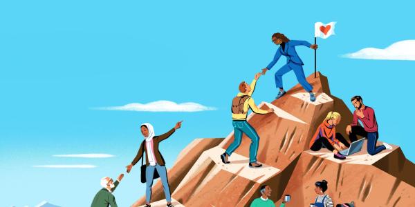 Illustration of people climbing a mountain and helping each other