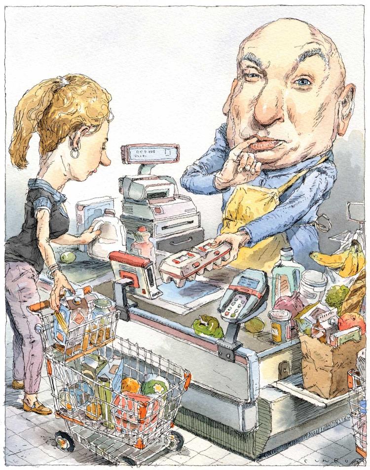Illustration of Dr. Evil as grocery checker