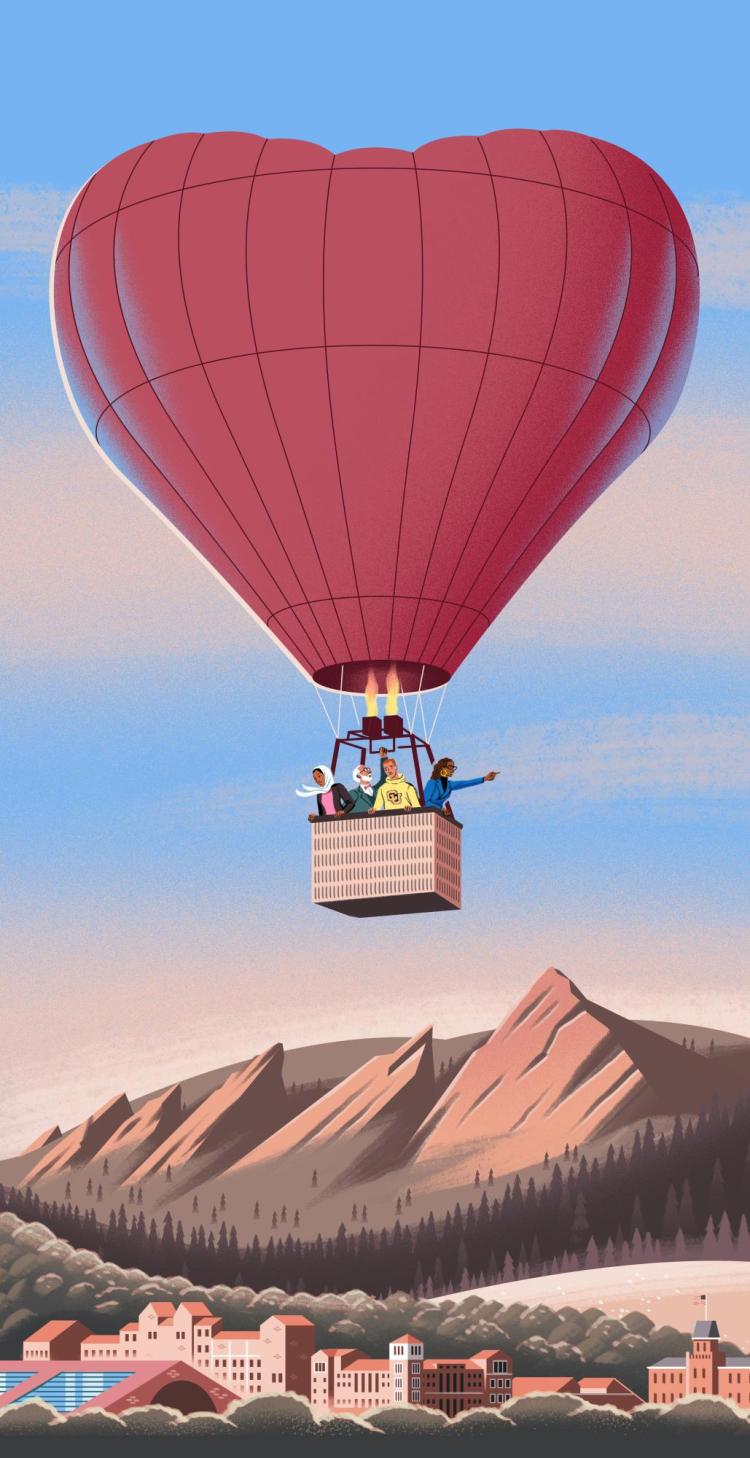 Illustration of people in an air balloon above campus