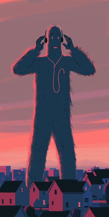 Illustration of Bigfoot listening to a podcast