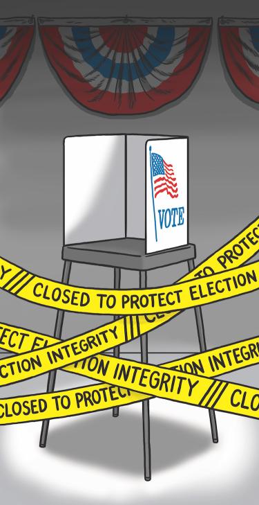 A voting booth with caution tape saying "closed to protect election"