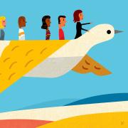 colorful illustration of leaders on a geometric bird