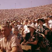 Fans at the Los Angeles Memorial Coliseum during a Dodgers baseball game, 1957.