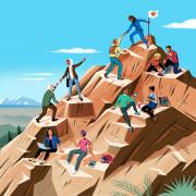 Illustration of people climbing a mountain and helping each other