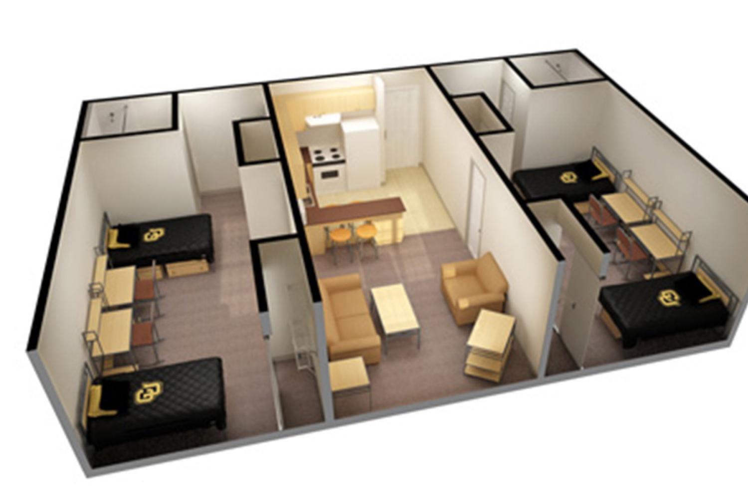 3D image with two double rooms, two bathrooms, living room, kitchen