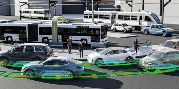An illustration showing a street filled with electrified, networked buses and cars. 