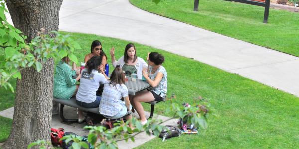 Students study outside at a picnic table.
