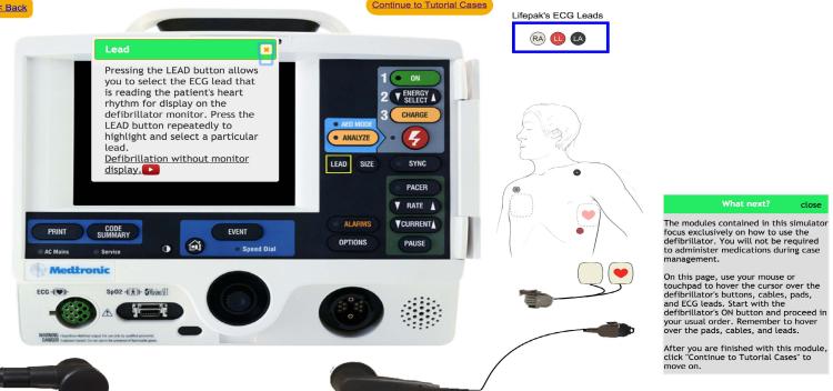 A screenshot of the simulated defibrillator showing a tutorial for users