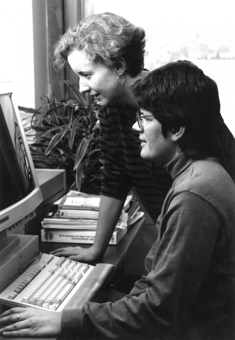 Liz Jessup and Liz Bradley work on a project in the 1990s