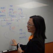 Qin (Christine) Lv and a student discuss the four areas of research within ASPIRE.