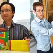 At left: Tom Yeh with a tactile picture book. At right: Aaron Clauset discusses big data problems at a whiteboard.