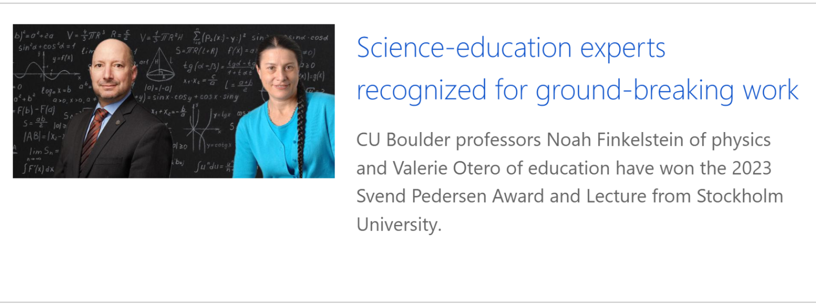 Noah Finkelstein and Valerie Otero with the Svend Pedersen Lecture Award for 2023 from Stockholm University