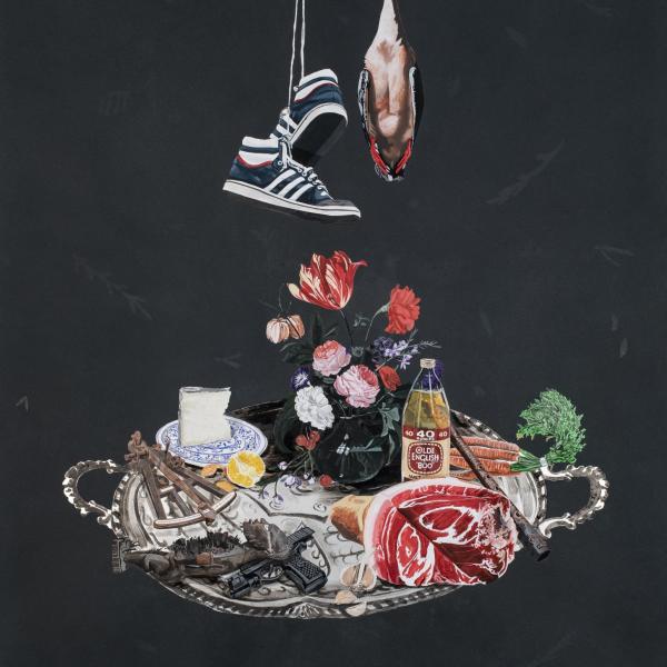 A silver serving tray floating against a black background. Meat, cheese, guns, flowers and other objects are stacked atop the tray. Hanging above are a pair of shoes and a dead bird.