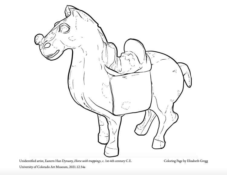 Coloring page of a statue of a horse with a saddle.