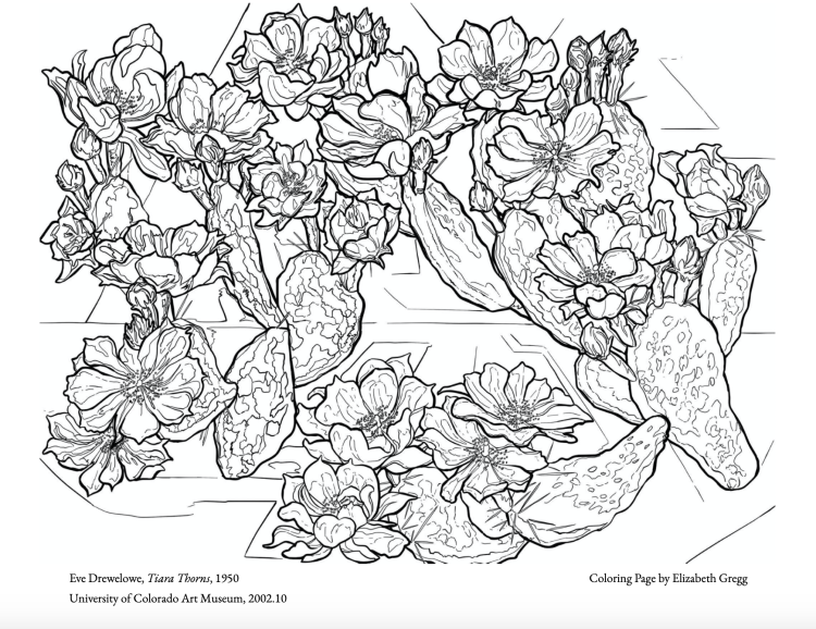 Coloring page of many cacti with large flowers blooming from them.