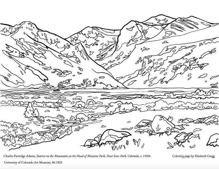 Coloring page of a landscape with large mountains and a river.