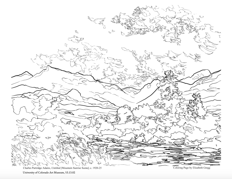 Coloring page of a landscape featuring mountains, clouds, and a river.