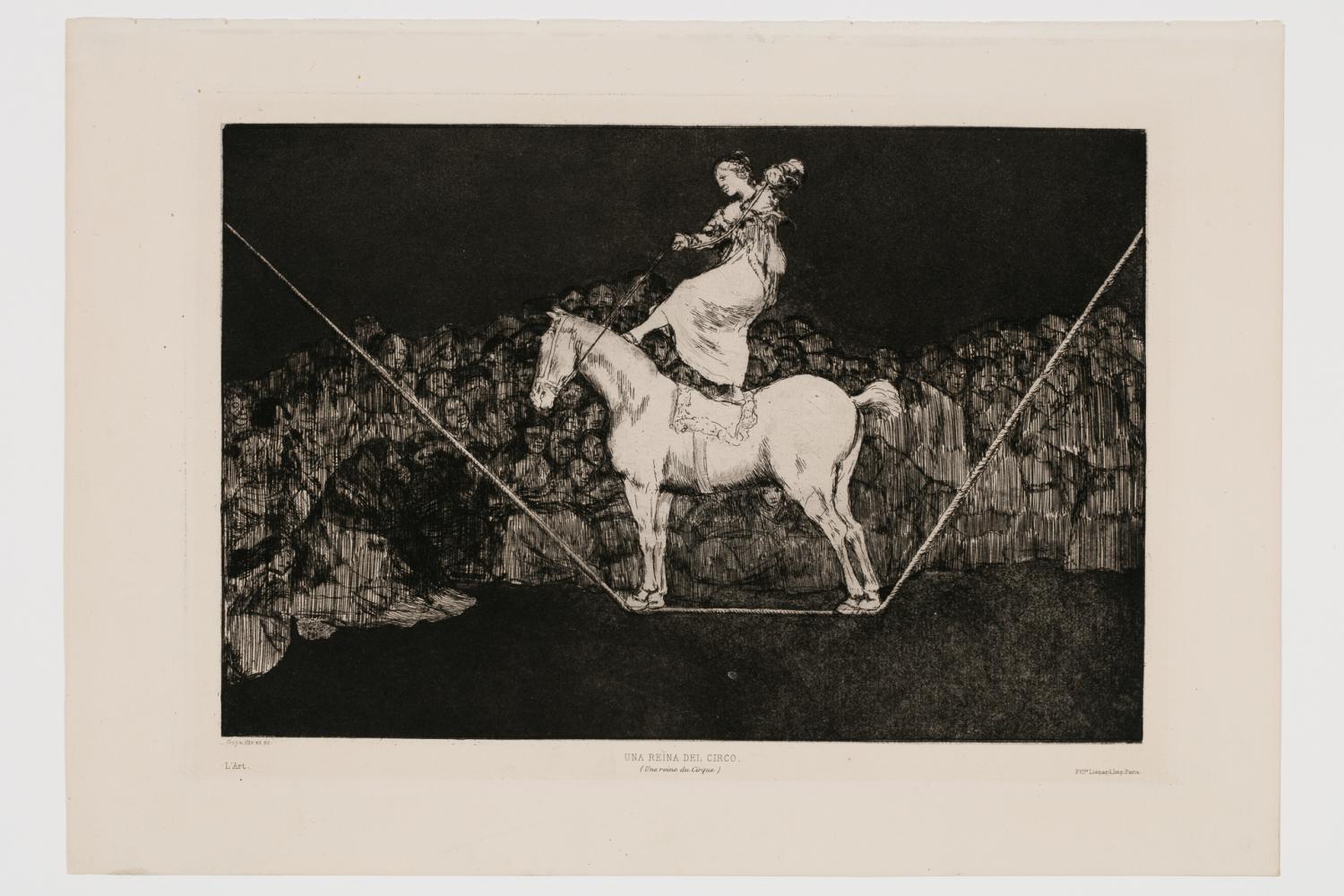 A black and white print of a woman balancing precariously atop a horse, which is balancing precariously atop a tightrope in front of an audience.