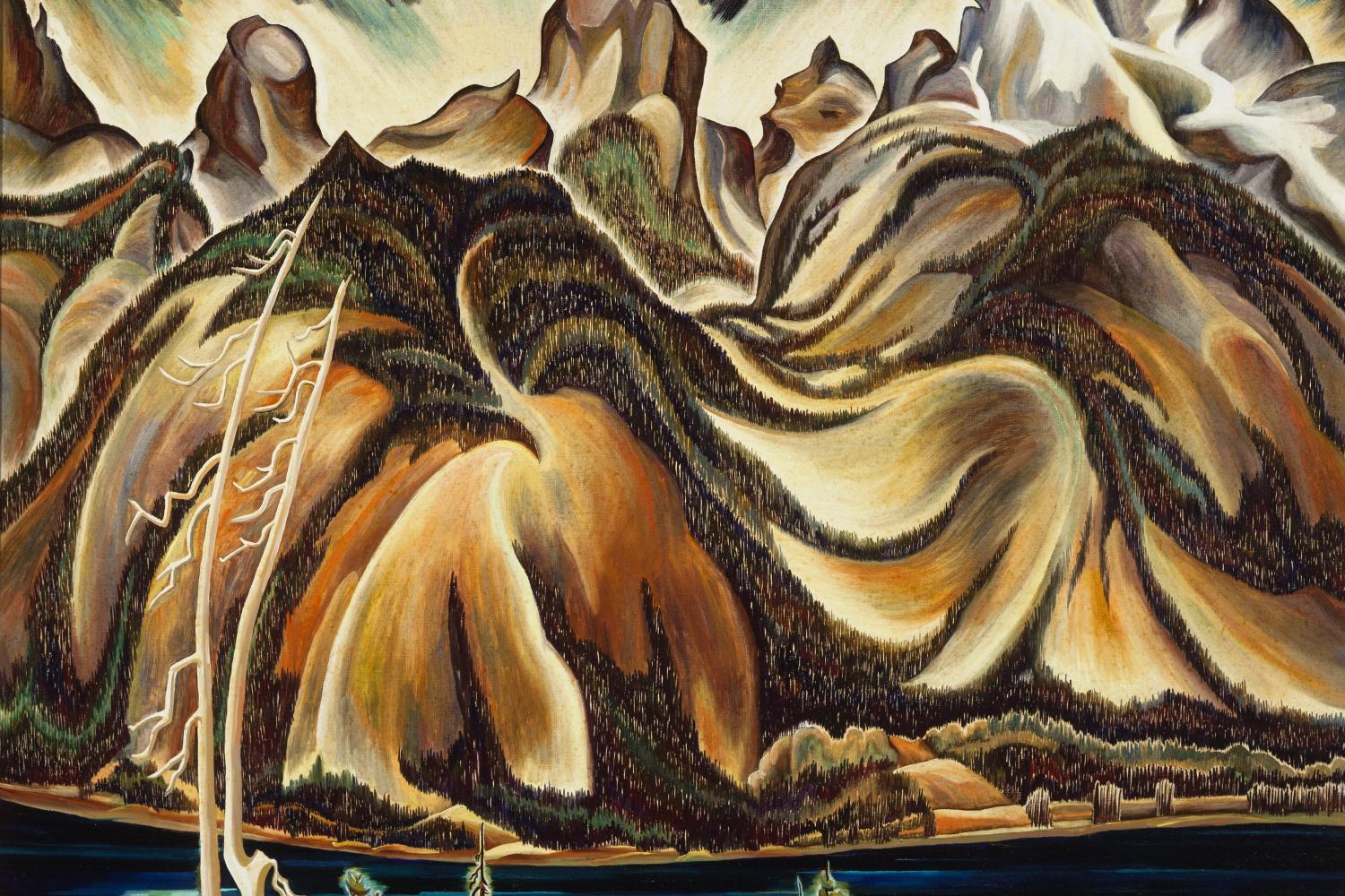 highly stylized painting of the Teton Mountain range