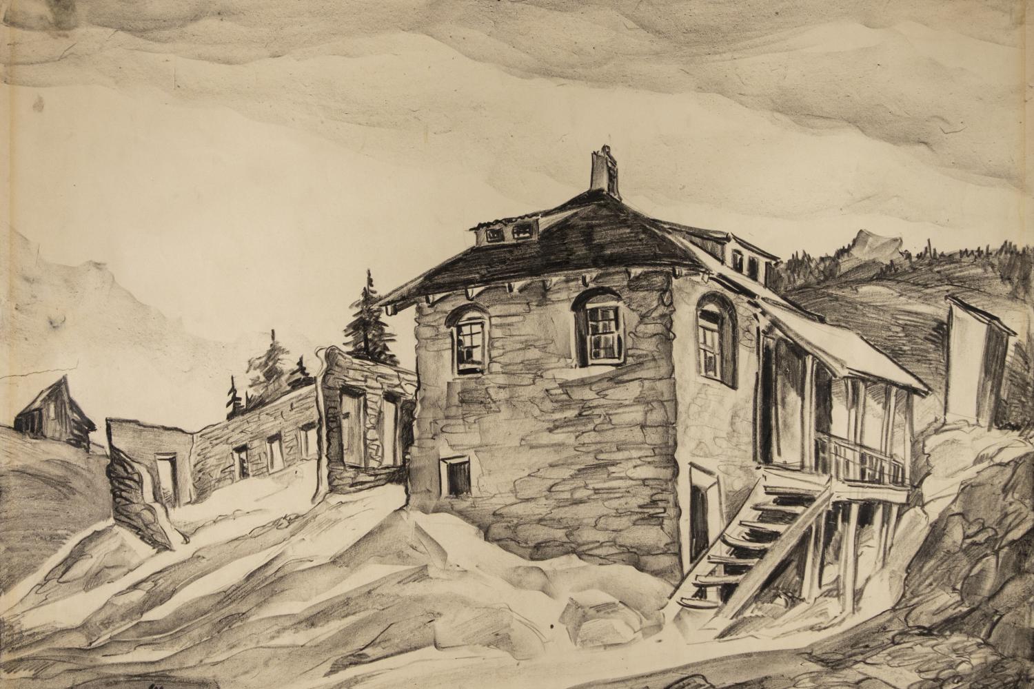 Pencil drawing of a post office in the mountains