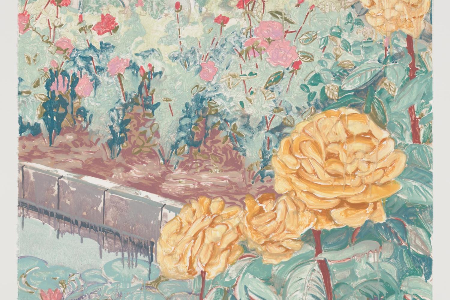 A pastel painterly print depicting a garden box with yellow and pink roses, and a trellis in the background.