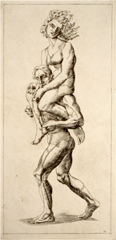 A print of two people, a woman and a man, in which the woman is sitting on the shoulders of the man who is carrying her while he walks. The woman’s hair is blown backwards, and she is only wearing a bra, while the man is only wearing underwear.