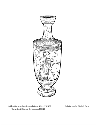 Coloring page of a Greek vase featuring a woman on it.