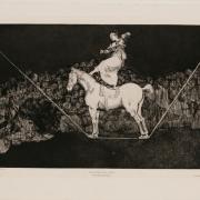 A black and white print depicting a woman standing on a horse