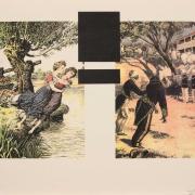 Image includes two sections, the left depicts two girls falling into a river, the right depicts two black men being executed by firing squad